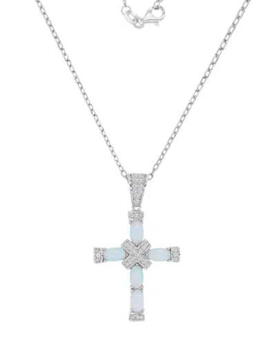 Macy's Silver-plated Opal Crystal Cross Necklace In Blue
