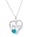 Macy's Simulated Blue Topaz Birthstone Mom Heart Pendant 18" Necklace In Silver Plate In December,simulated Blue Topaz