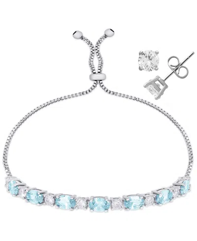 Macy's Simulated Citrine Cubic Zirconia Oval Round Adjustable Bracelet With Stud Earrings 2-piece Set In Silver,aqua