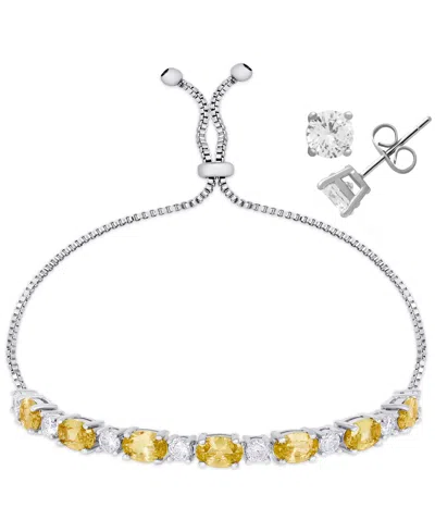 Macy's Simulated Citrine Cubic Zirconia Oval Round Adjustable Bracelet With Stud Earrings 2-piece Set In Silver,citrine