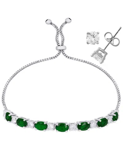 Macy's Simulated Citrine Cubic Zirconia Oval Round Adjustable Bracelet With Stud Earrings 2-piece Set In Silver,emerald