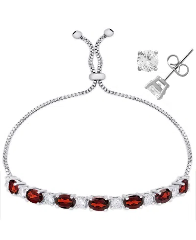 Macy's Simulated Citrine Cubic Zirconia Oval Round Adjustable Bracelet With Stud Earrings 2-piece Set In Silver,garnet