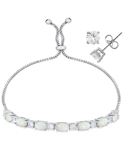 Macy's Simulated Citrine Cubic Zirconia Oval Round Adjustable Bracelet With Stud Earrings 2-piece Set In Silver,opal