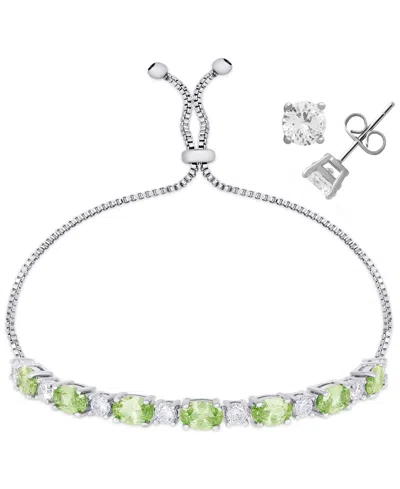 Macy's Simulated Citrine Cubic Zirconia Oval Round Adjustable Bracelet With Stud Earrings 2-piece Set In Silver,peridot