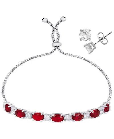 Macy's Simulated Citrine Cubic Zirconia Oval Round Adjustable Bracelet With Stud Earrings 2-piece Set In Silver,ruby