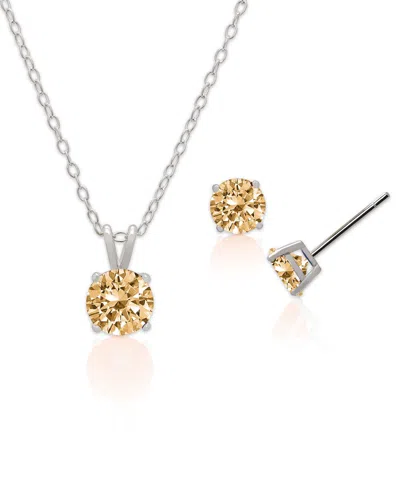 Macy's Simulated Citrine Solitaire Round Pendant Necklace With Matching Stud Earrings 2-piece Set In Silver,citrine