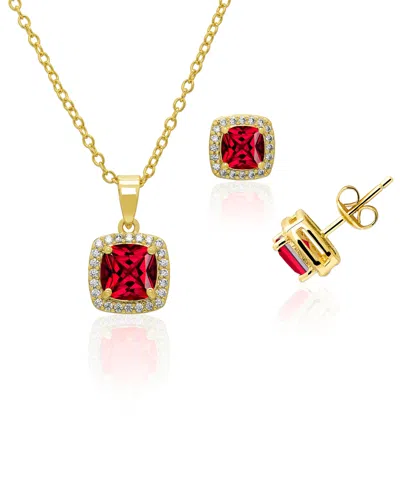 Macy's Simulated Cubic Zirconia Cushion Halo Pendant Necklace With Matching Stud Earrings 2-piece Set In Gold,ruby