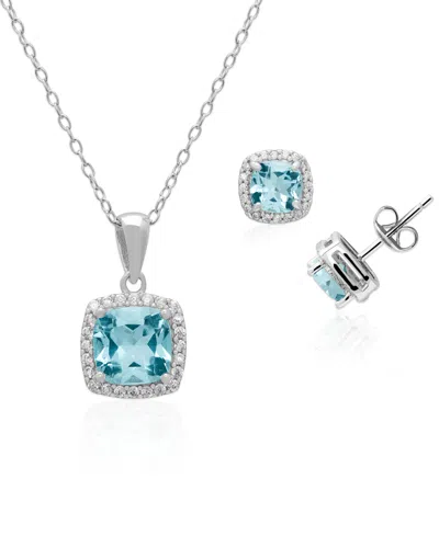 Macy's Simulated Cubic Zirconia Cushion Halo Pendant Necklace With Matching Stud Earrings 2-piece Set In Silver,blue Topaz