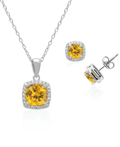 Macy's Simulated Cubic Zirconia Cushion Halo Pendant Necklace With Matching Stud Earrings 2-piece Set In Silver,citrine