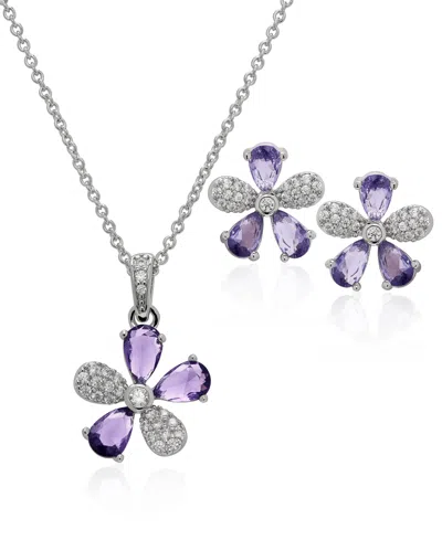 Macy's Simulated Cubic Zirconia Flower Pendant Necklace With Matching Stud Earrings 2-piece Set In Silver,amethyst