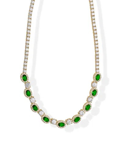 Macy's Simulated Emerald And Cubic Zirconia Oval Halo Frontal 18'' Necklace In Gold
