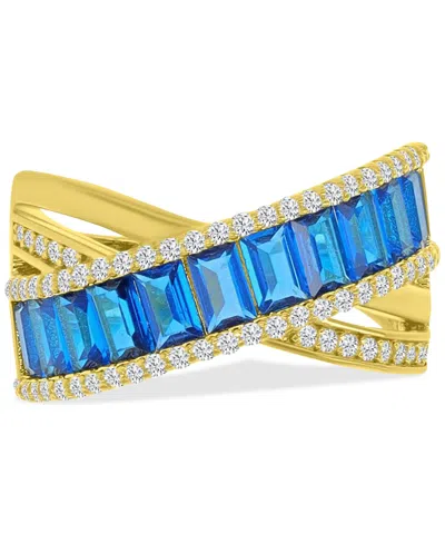 Macy's Simulated Emerald Nano & Cubic Zirconia Crossover Statement Ring In 14k Gold-plated Sterling Silver In Blue Spinel
