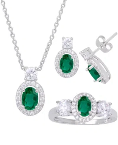 Macy's Simulated Emerald Oval Halo 3 Piece, Pendant, Earrings And Ring, Set In Silver Plate