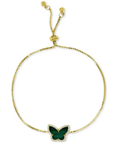 Macy's Simulated Malachite & Cubic Zirconia Butterfly Bolo Bracelet In 14k Gold-plated Sterling Silver