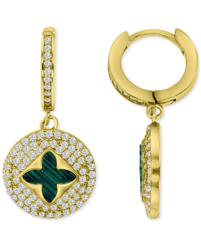 Macy's Simulated Malachite & Cubic Zirconia Dangle Hoop Earrings In 14k Gold-plated Sterling Silver