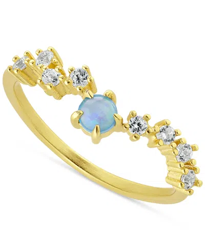 Macy's Simulated Opal (3mm) & Pave Wavy Accent Ring In 18k Gold-plated Sterling Silver