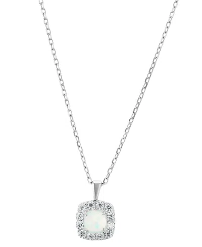 Macy's Simulated Opal & Pave Halo Square Pendant Necklace In Sterling Silver, 16" + 2" Extender In Metallic