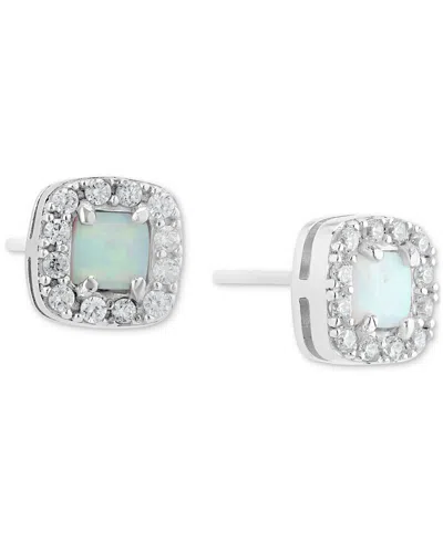 Macy's Simulated Opal & Pave Halo Square Stud Earrings In Sterling Silver In Multi