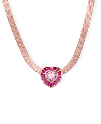 Macy's Simulated Pink Sapphire And Pink Cubic Zirconia Heart On Herringbone 18'' Necklace In Rose Gold