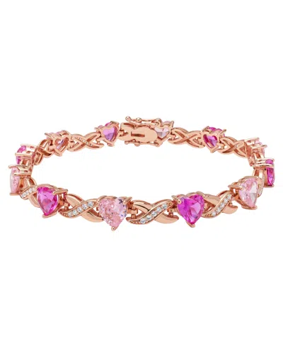 Macy's Simulated Pink Sapphire, Pink Cubic Zirconia And Cubic Zirconia Heart And 'x' Bracelet In Rose Gold