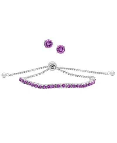 Macy's Simulated Round Adjustable Bracelet With Matching Stud Earrings 2-piece Set In Silver,amethyst