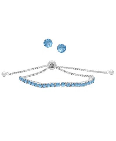 Macy's Simulated Round Adjustable Bracelet With Matching Stud Earrings 2-piece Set In Silver,blue Topaz