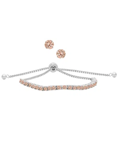 Macy's Simulated Round Adjustable Bracelet With Matching Stud Earrings 2-piece Set In Silver,citrine
