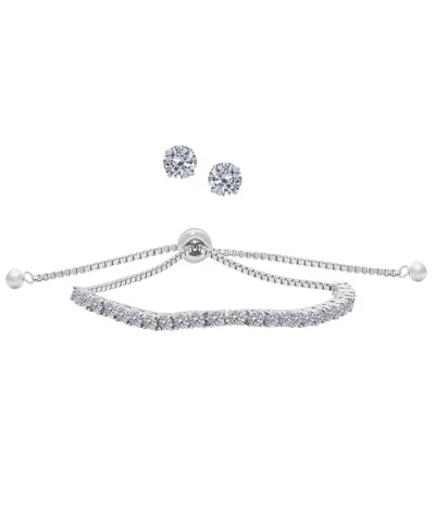 Macy's Simulated Round Adjustable Bracelet With Matching Stud Earrings 2-piece Set In Silver,cubic Zirconia