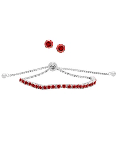 Macy's Simulated Round Adjustable Bracelet With Matching Stud Earrings 2-piece Set In Silver,garnet
