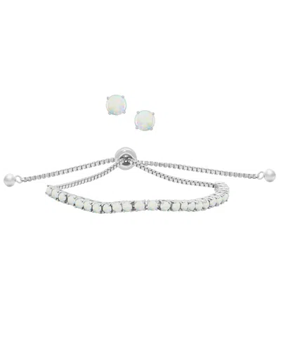 Macy's Simulated Round Adjustable Bracelet With Matching Stud Earrings 2-piece Set In Silver,opal