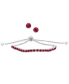 Macy's Simulated Round Adjustable Bracelet With Matching Stud Earrings 2-piece Set In Silver,ruby