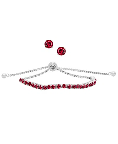 Macy's Simulated Round Adjustable Bracelet With Matching Stud Earrings 2-piece Set In Silver,ruby