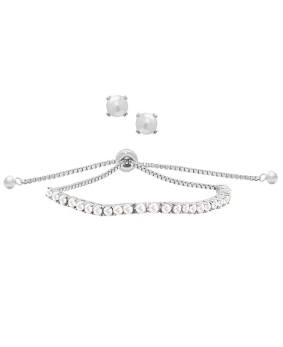 Macy's Simulated Round Adjustable Bracelet With Matching Stud Earrings 2-piece Set In Silver,white