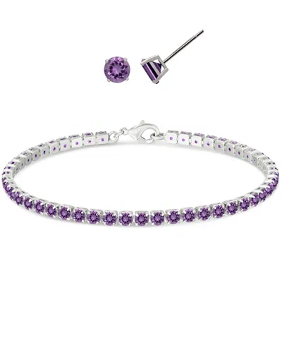 Macy's Simulated Round Laydown Bracelet With Matching Stud Earrings 2-piece Set In Silver,amethyst