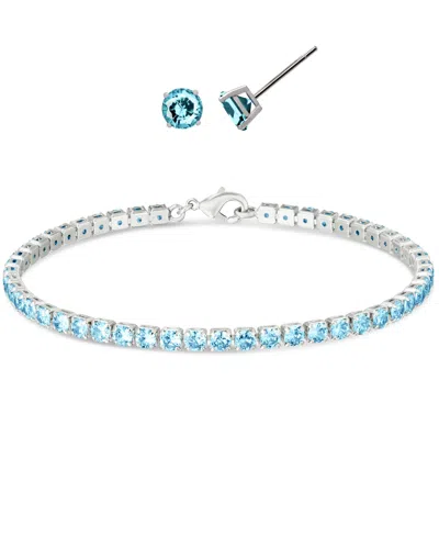 Macy's Simulated Round Laydown Bracelet With Matching Stud Earrings 2-piece Set In Silver,aqua