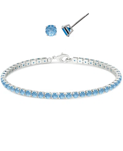 Macy's Simulated Round Laydown Bracelet With Matching Stud Earrings 2-piece Set In Silver,blue Topaz