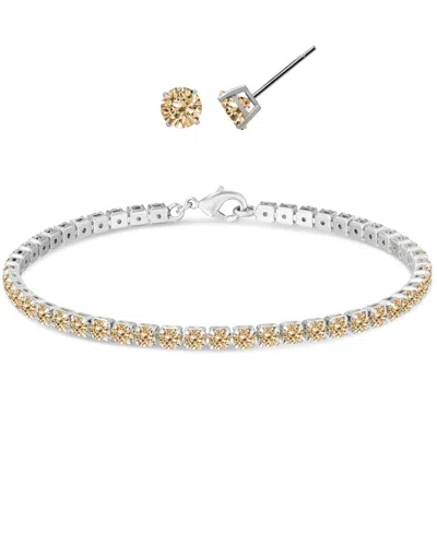 Macy's Simulated Round Laydown Bracelet With Matching Stud Earrings 2-piece Set In Silver,citrine