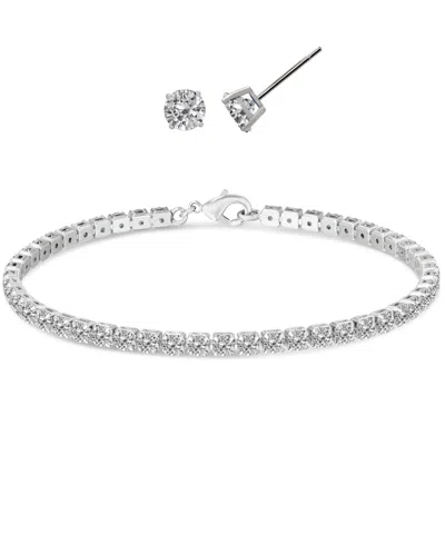 Macy's Simulated Round Laydown Bracelet With Matching Stud Earrings 2-piece Set In Silver,cubic Zirconia