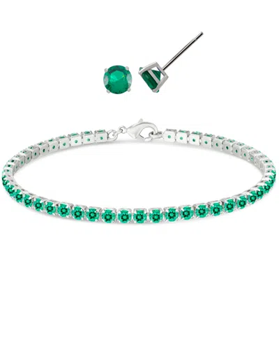 Macy's Simulated Round Laydown Bracelet With Matching Stud Earrings 2-piece Set In Silver,emerald