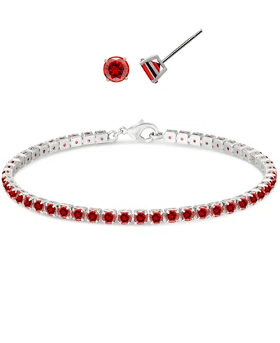 Macy's Simulated Round Laydown Bracelet With Matching Stud Earrings 2-piece Set In Silver,garnet