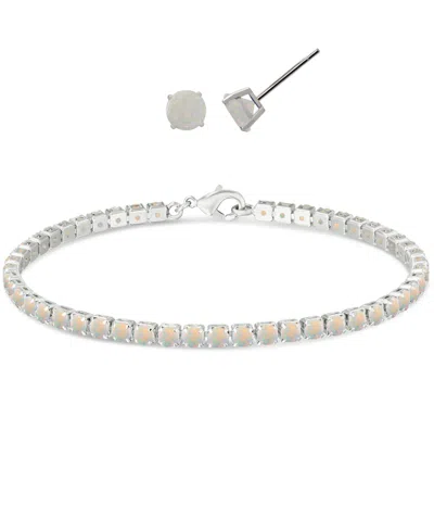 Macy's Simulated Round Laydown Bracelet With Matching Stud Earrings 2-piece Set In Silver,opal