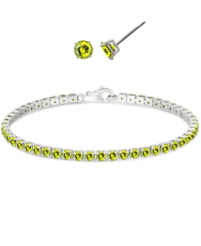 Macy's Simulated Round Laydown Bracelet With Matching Stud Earrings 2-piece Set In Silver,peridot
