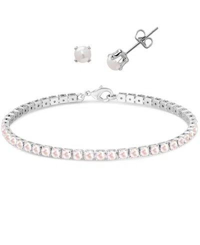 Macy's Simulated Round Laydown Bracelet With Matching Stud Earrings 2-piece Set In Silver,white