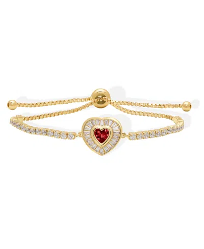 Macy's Simulated Ruby And Cubic Zirconia Baguette Heart Adjustable Bracelet In Gold