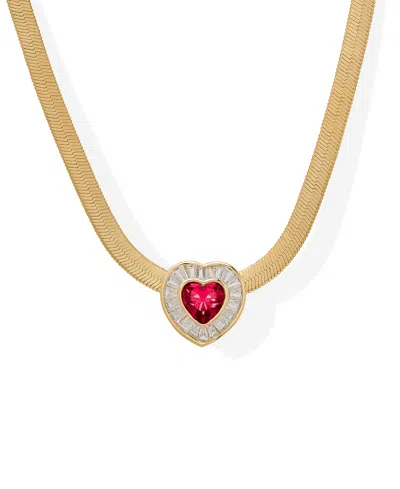 Macy's Simulated Ruby And Cubic Zirconia Baguette Heart On Herringbone 18'' Necklace In Gold
