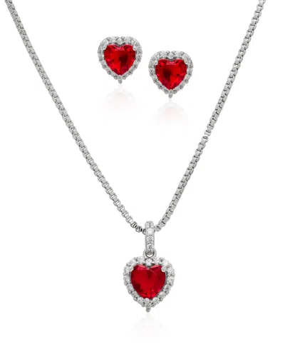 Macy's Simulated Ruby Cubic Zirconia Heart Halo Pendant Necklace With Matching Stud Earrings 2-piece Set In Silver