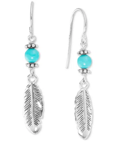 Macy's Simulated Turquoise (13mm) & Leaf Linear Drop Earrings In Sterling Silver