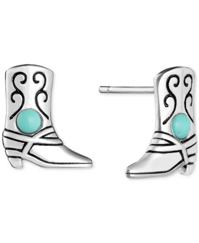 Macy's Simulated Turquoise Etched Cowboy Boot Stud Earrings In Sterling Silver