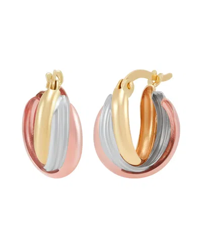 Macy's Small Oval Triple Crossover Tube Hoop Earrings In 10k Yellow, White And Rose Gold In Multi