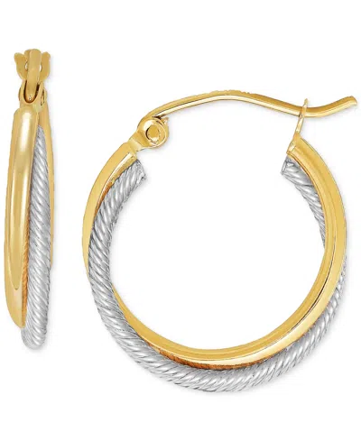 Macy's Small Polished Crossover Tube Hoop Earrings In 10k Yellow And White Gold, 0.7" In Two-tone